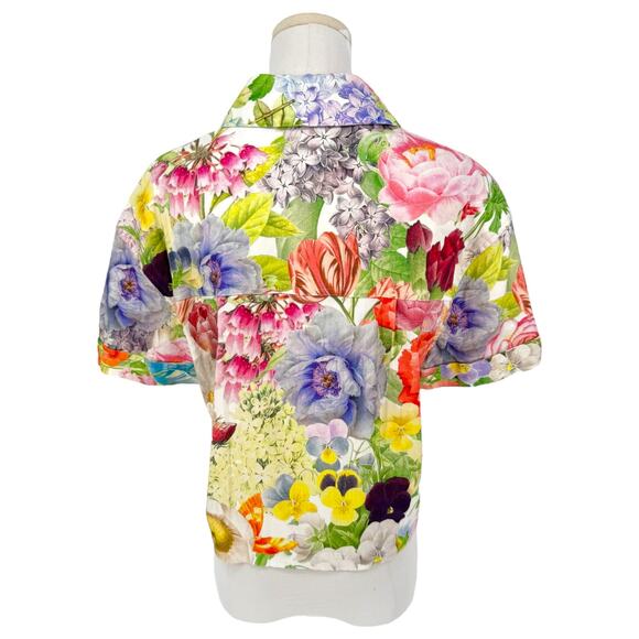 Alice + Olivia Cropped Floral Print Shirt Linen Blend Short Sleeve S Spring - Picture 4 of 7